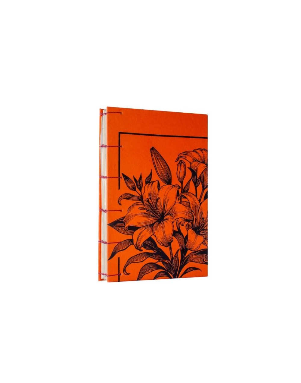 Libreta Copta Estampada lirios naranja y negro hilo vinotinto