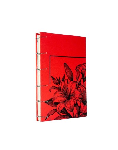 Libreta Copta Estampada lirios rojo y negro hilo blanco con negro