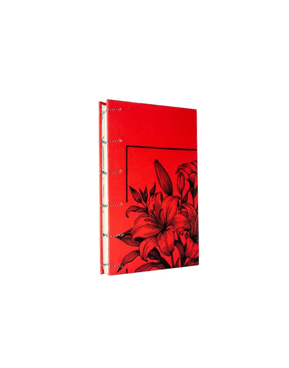 Libreta Copta Estampada lirios rojo y negro hilo blanco con negro