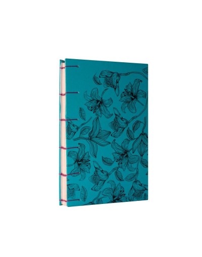 Libreta Copta Estampada lirios pequeños azul y negro hilo vinotinto
