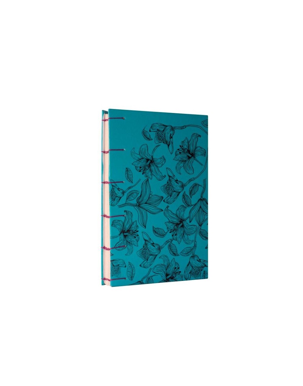 Libreta Copta Estampada lirios pequeños azul y negro hilo vinotinto