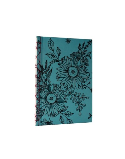 Libreta Japonesa 12 carta estampada girasoles azul y negro hilo vinotinto