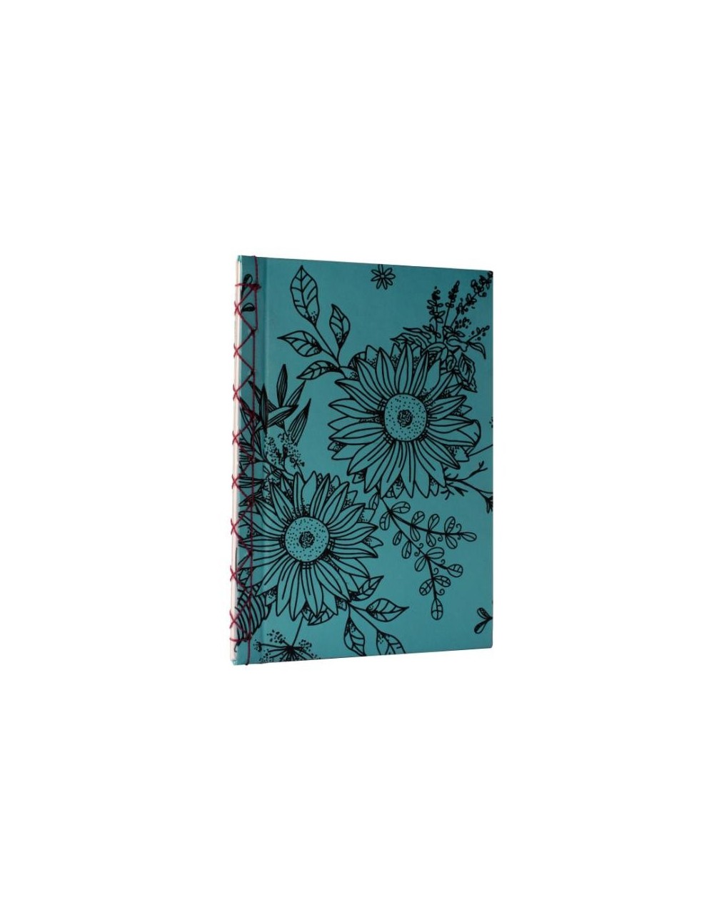 Libreta Japonesa 12 carta estampada girasoles azul y negro hilo vinotinto