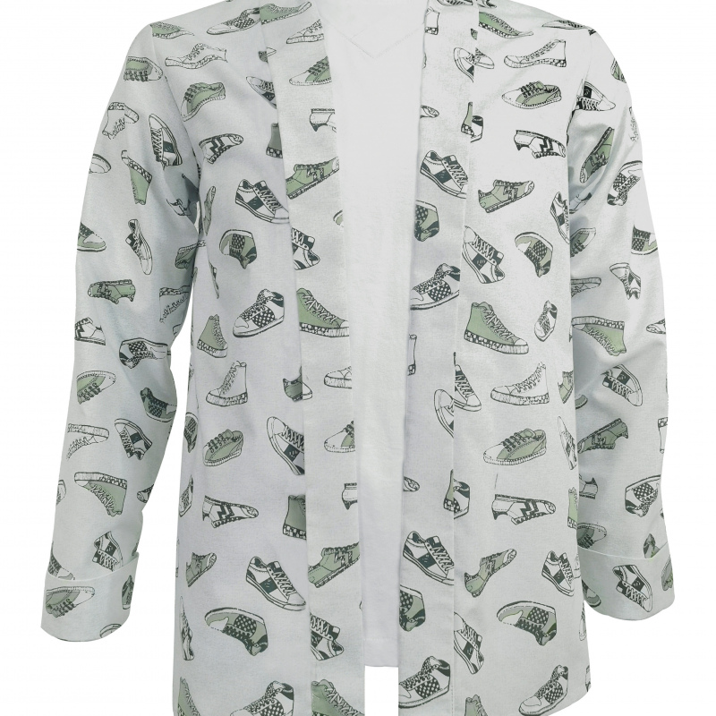 Camisa estampada blanca casual algodón kimono cuello smoking puños de voltear