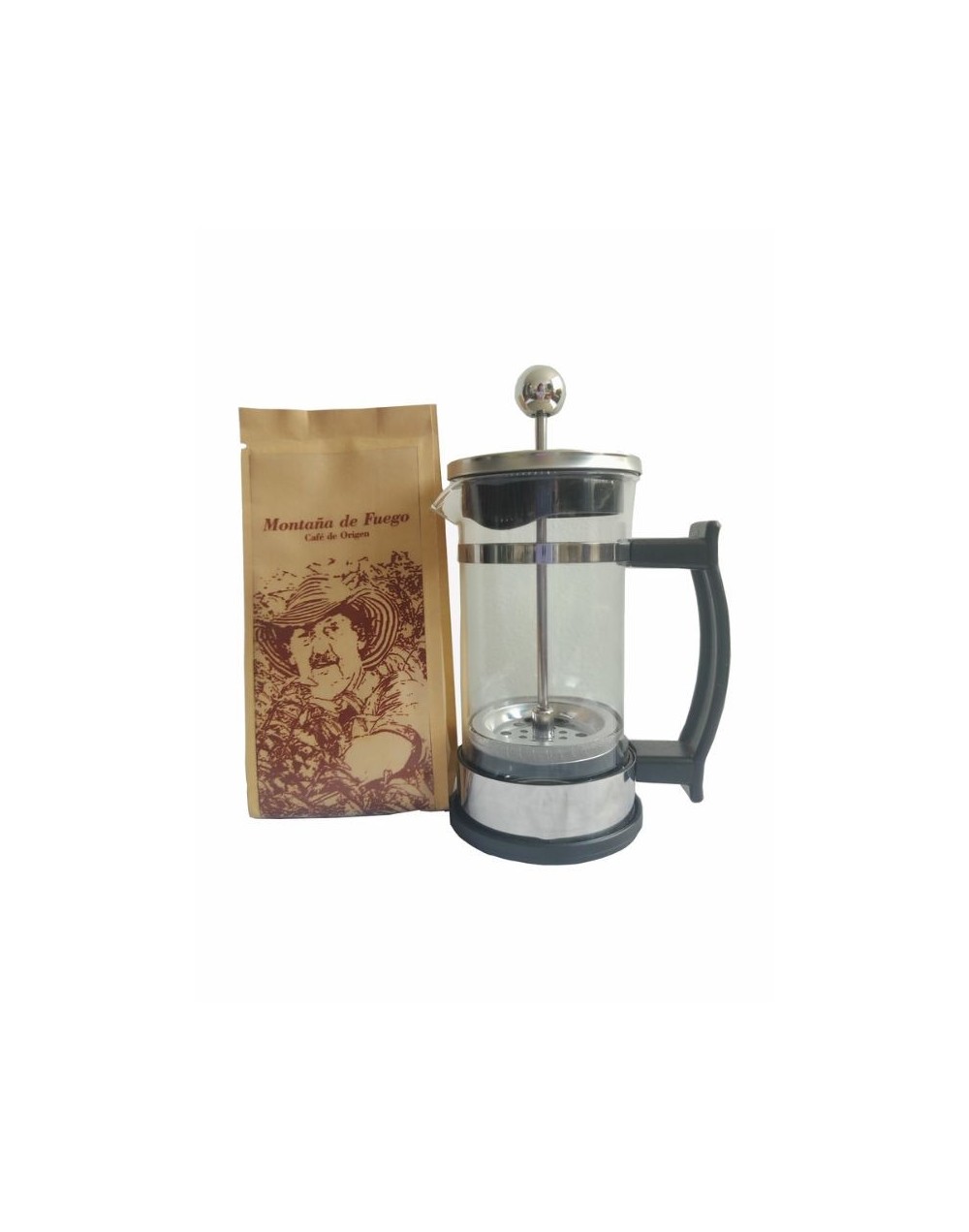 Combo 1.  125 gramos de Montaña de Fuego Café de origen y prensa francesa de 350 ml