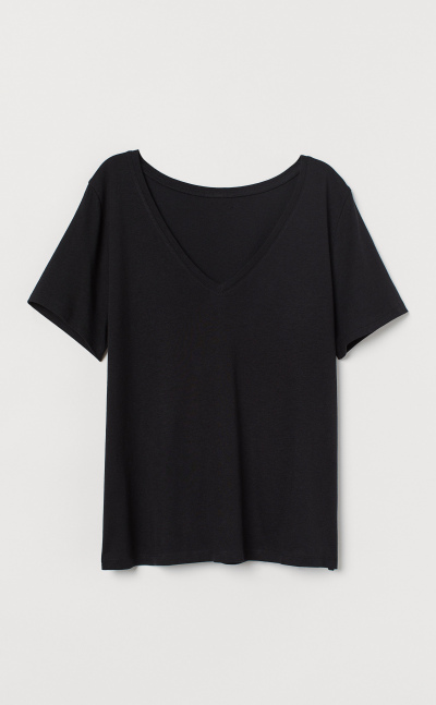 Camiseta negra cuello en V para mujer a base de cáñamo