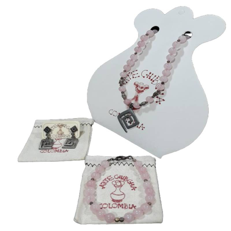 Set en piedra semipreciosa cuarzo rosado collar pulsera y arete Pink quartz stone set necklace bracelet earrings