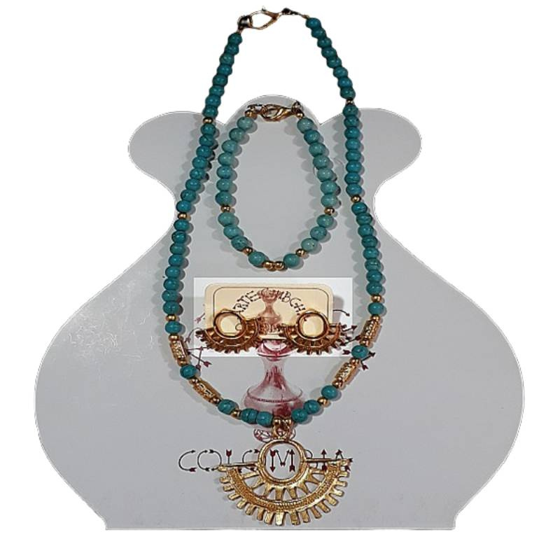 Set en piedra semipreciosa turquesa collar pulsera y areteturquoise semiprecious stone set necklace bracelet and earring