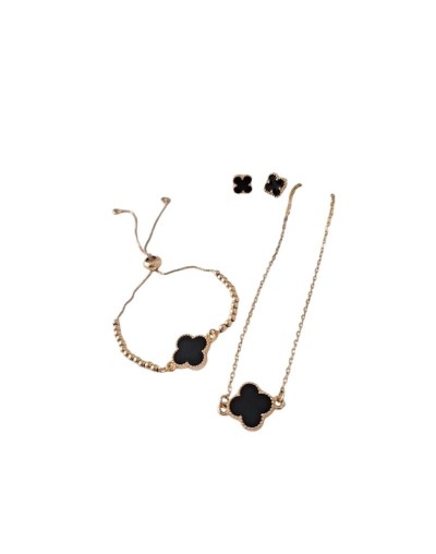 Set  de Cadena , aretes y pulsera Trebol negra