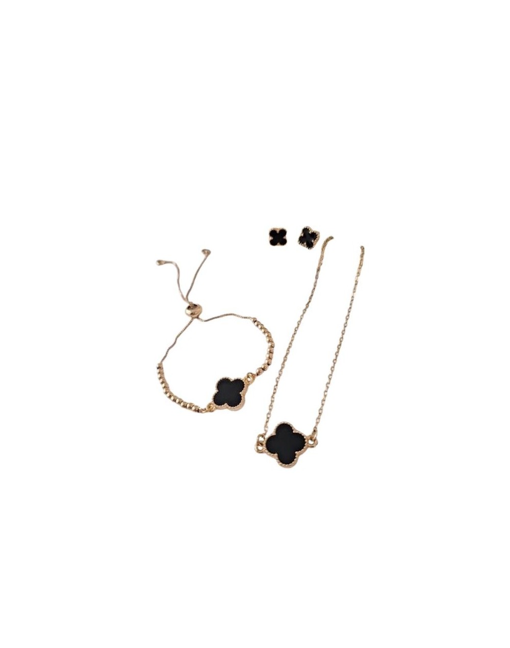 Set  de Cadena , aretes y pulsera Trebol negra