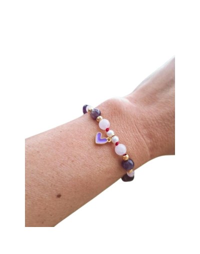 Pulsera cuarzo Amatista y Rosado, dije Corazón