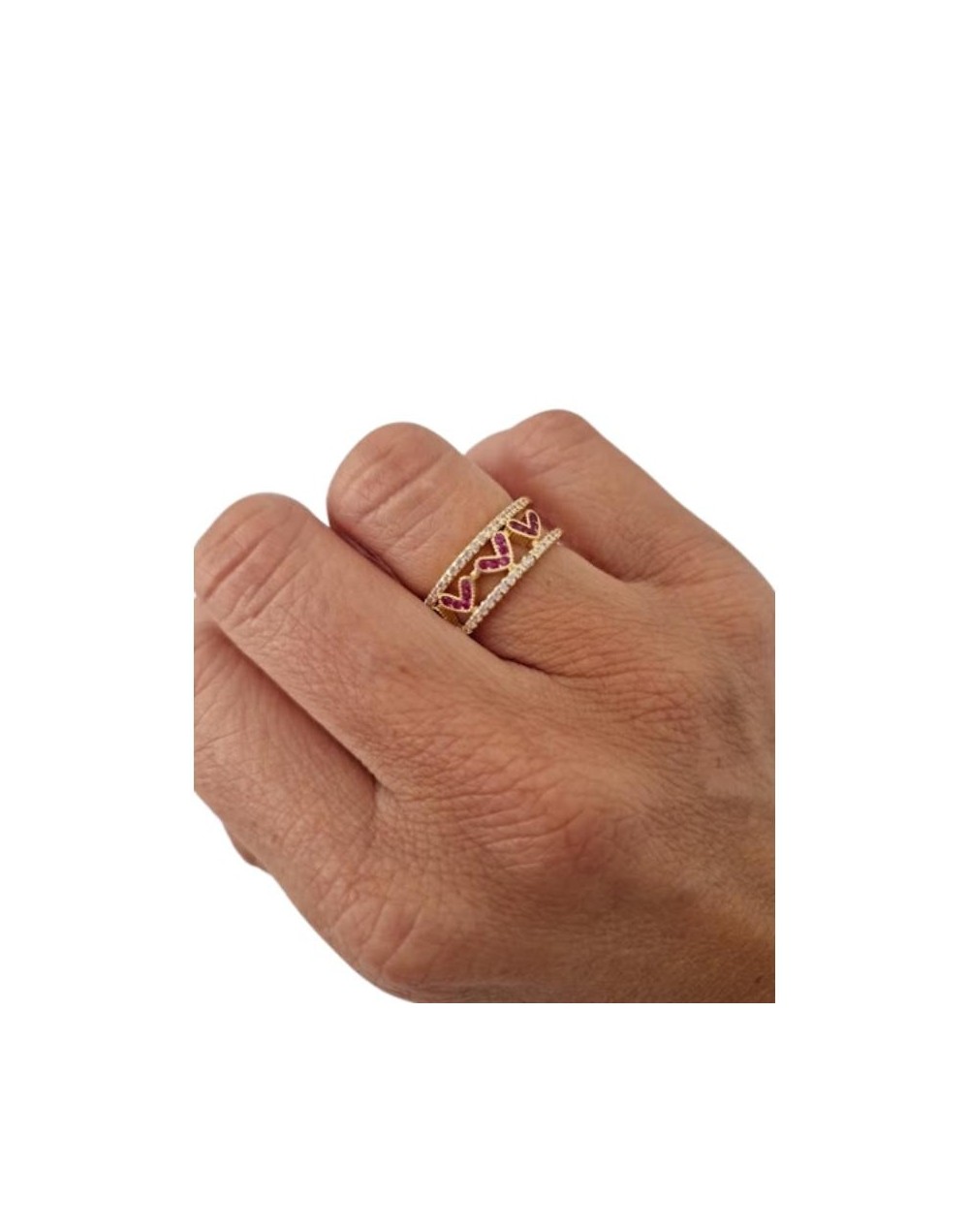 Anillo Corazón con circones rojos en Baño Dorado
