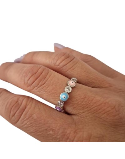 Anillo Plateado con Ojo Turco Multicolor – Protección y Estilo