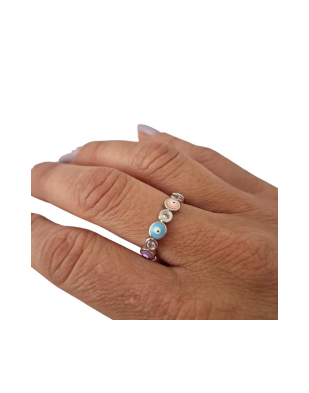 Anillo Plateado con Ojo Turco Multicolor – Protección y Estilo