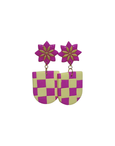 Aretes Fucsia patrón cuadro amarillo