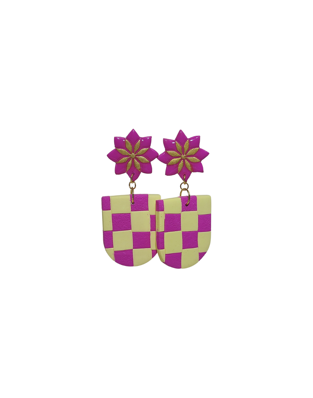 Aretes Fucsia patrón cuadro amarillo