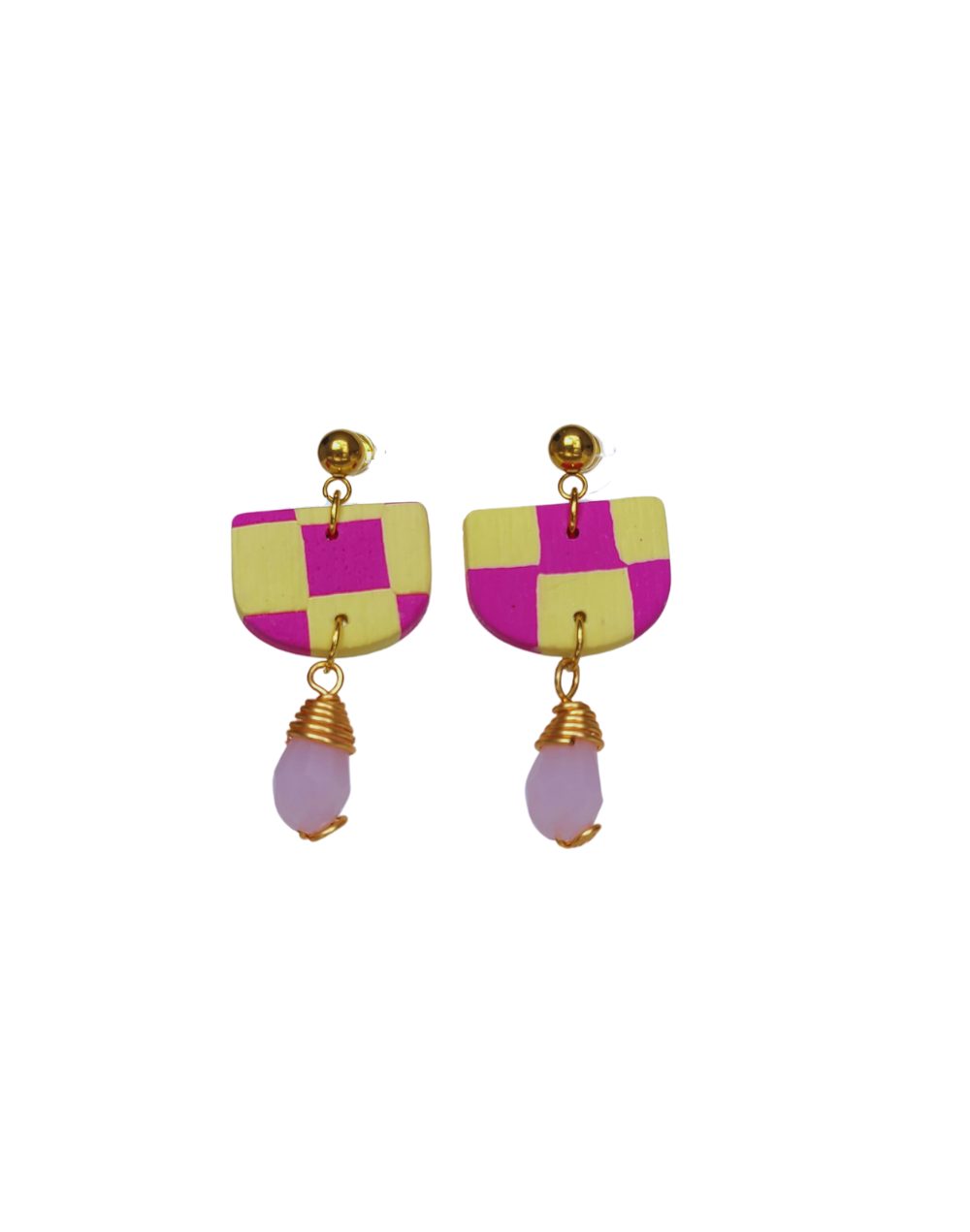 aretes cuadros fucsia amarillos 