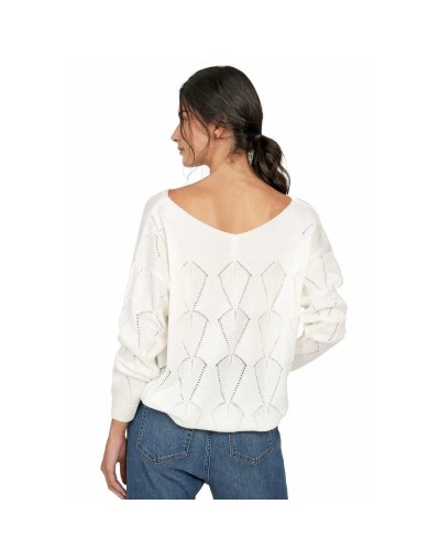 CMC560U08 Buzo Calado Hojas Cuello V Color Marfil Talla Unica
