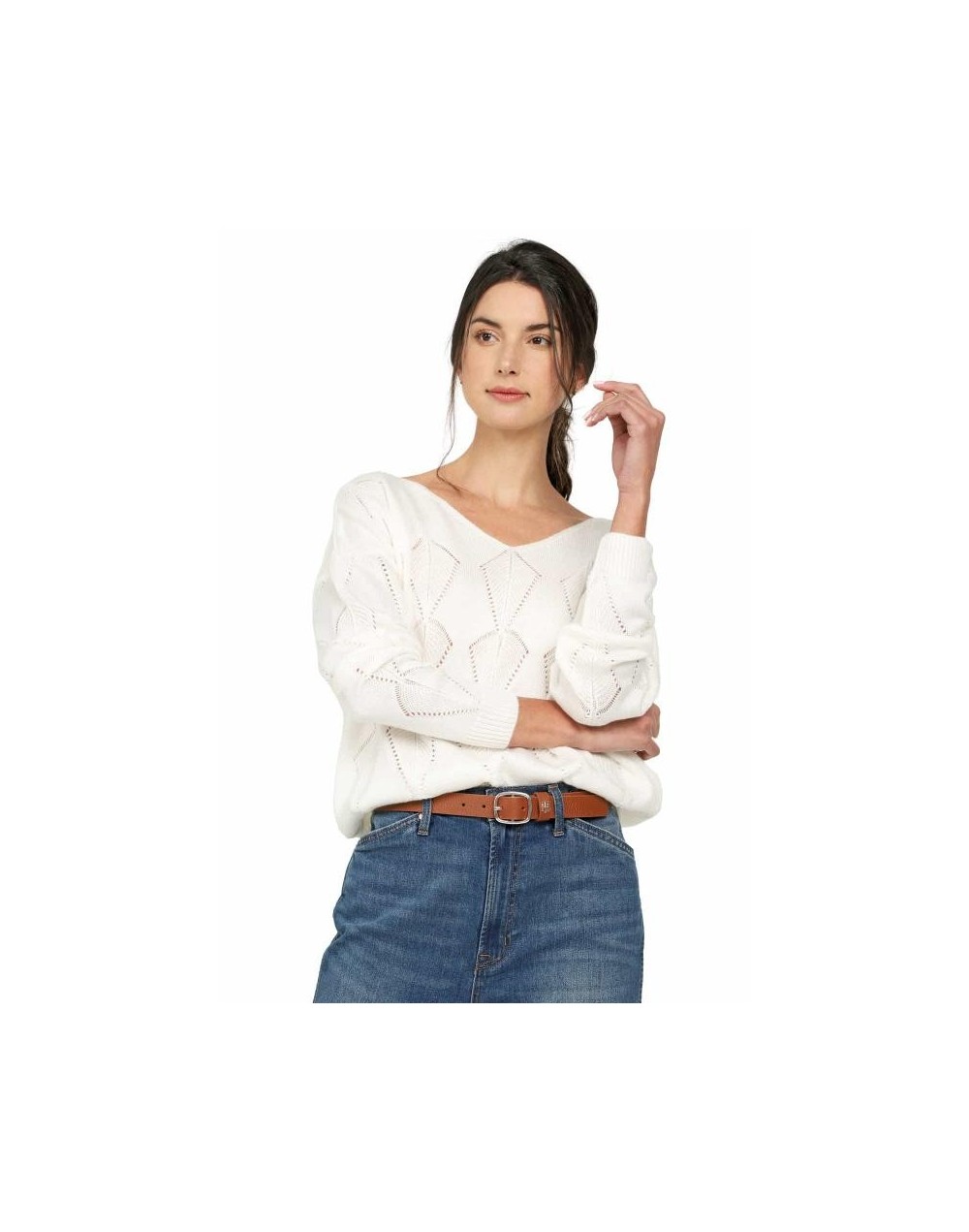 CMC560U08 Buzo Calado Hojas Cuello V Color Marfil Talla Unica