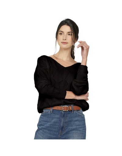 CMC560U01 Buzo Calado Hojas Cuello V Color Negro Talla Unica