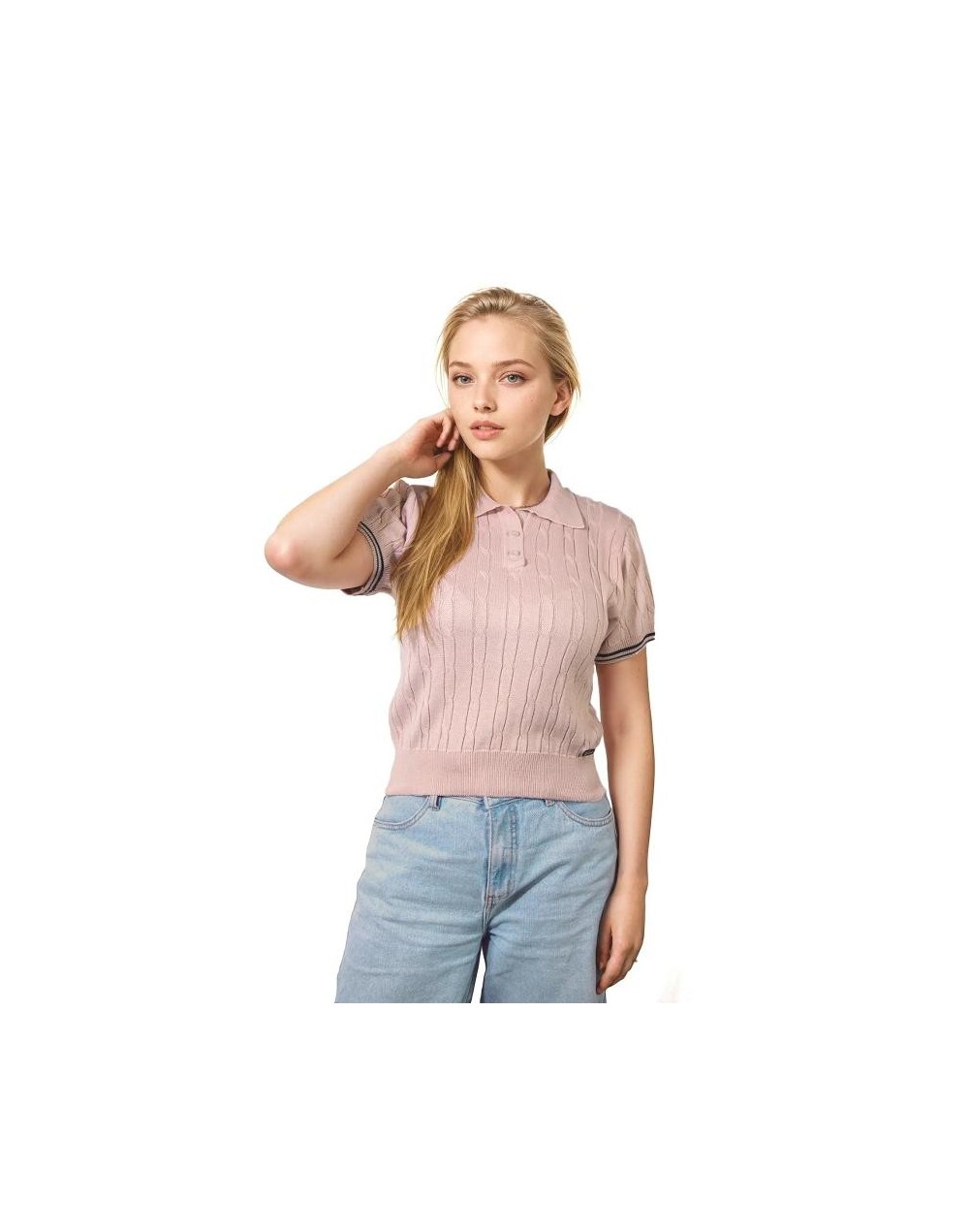 MMA826L16 Camiseta Trenzada 3 Botones Color Palo de Rosa Azul Talla XS SM ML XL