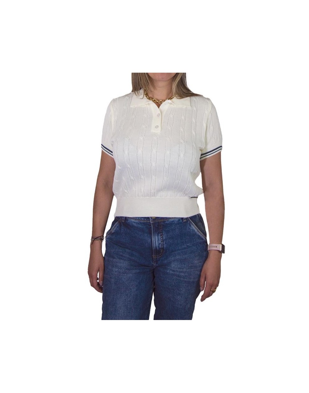 MMA826XS08 Camiseta Trenzada 3 Botones Color Marfil Azul Oscuro Talla XS SM ML XL