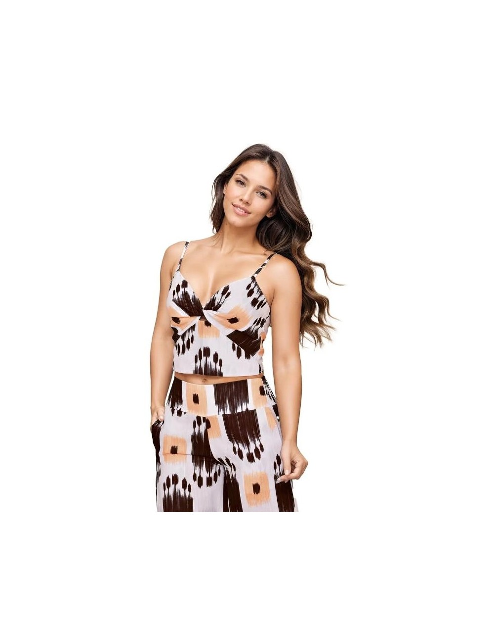 SMS822S06 Set Brisa Mediterránea Pantalon y Blusa Top Color Café/Beige Talla S M y L