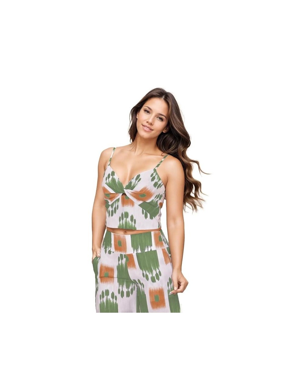 SMS822S15 Set Brisa Mediterránea Pantalon y Blusa Top Color Verde Beige Talla S M y L