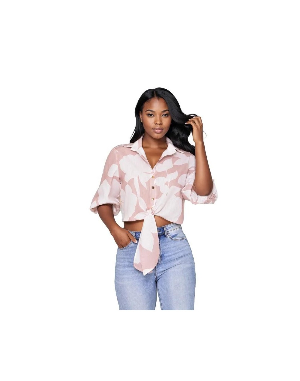 SMA818S09 Camisa Crop Floral Manga 3/4 Con Botones Color Taupe Talla S M L