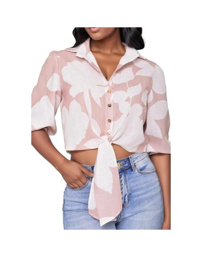 SMA818S09 Camisa Crop Floral Manga 3/4 Con Botones Color Taupe Talla S M L