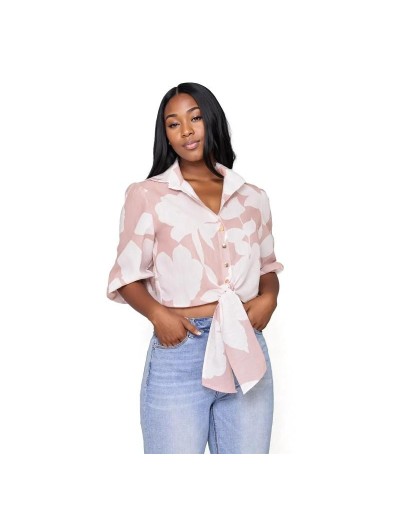 SMA818S09 Camisa Crop Floral Manga 3/4 Con Botones Color Taupe Talla S M L