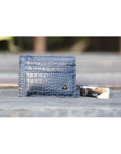 Billetera portatarjetas de hombre Lorenzo en piel color azul y pinza para billetes 