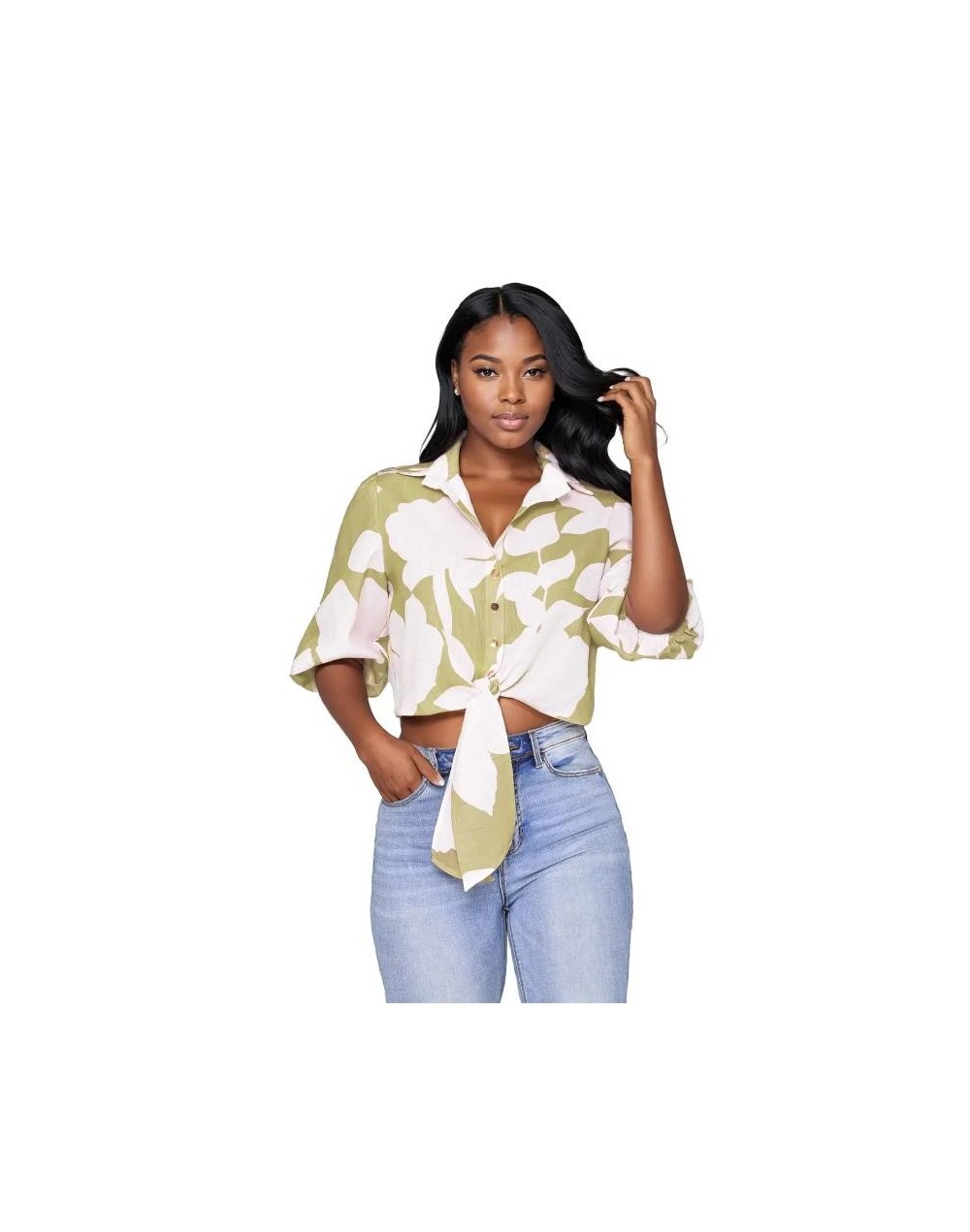 SMA818S15 Camisa Crop Floral Manga 3/4 Con Botones Color Verde Oliva Talla S M L