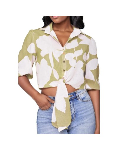 SMA818S15 Camisa Crop Floral Manga 3/4 Con Botones Color Verde Oliva Talla S M L