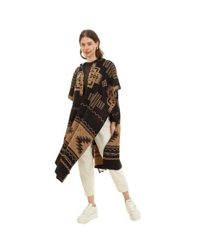 OMA782U01 Ruana Artesanal Capota Pirámides Doble Faz Color Negro Camel Talla Unica 