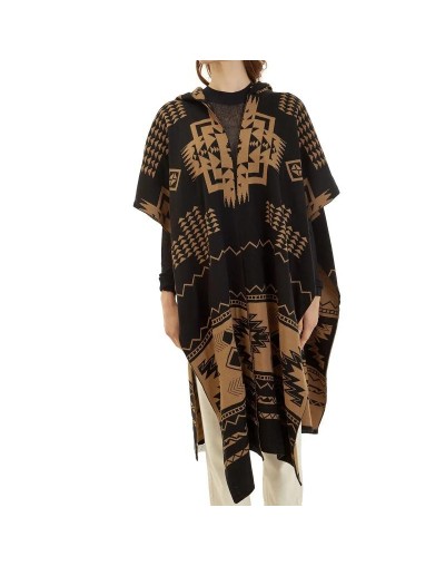 OMA782U01 Ruana Artesanal Capota Pirámides Doble Faz Color Negro Camel Talla Unica 