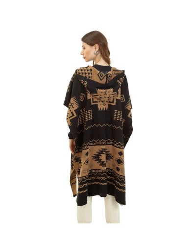OMA782U01 Ruana Artesanal Capota Pirámides Doble Faz Color Negro Camel Talla Unica 