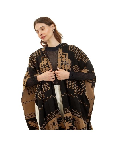 OMA782U01 Ruana Artesanal Capota Pirámides Doble Faz Color Negro Camel Talla Unica 