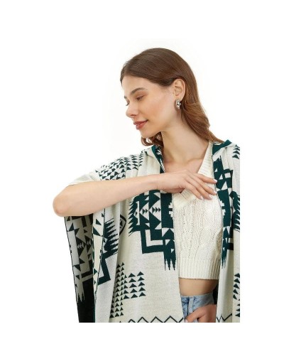 OMA782U15 Ruana Artesanal Capota Pirámides Doble Faz Color Verde Marfil Talla Unica 