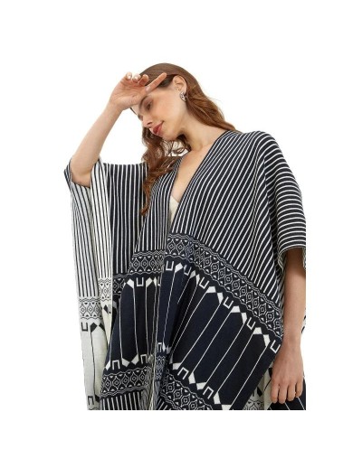 OMA778U04 Ruana Rayas Étnica Doble Faz Color Azul Marfil Talla Unica