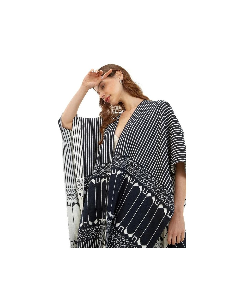 OMA778U04 Ruana Rayas Étnica Doble Faz Color Azul Marfil Talla Unica