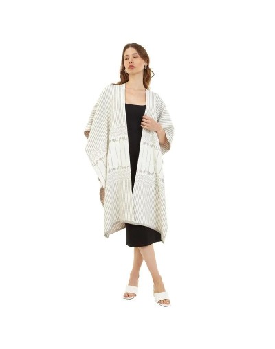 OMA778U09 Ruana Rayas Étnica Doble Faz Color Beige Marfil Talla Unica