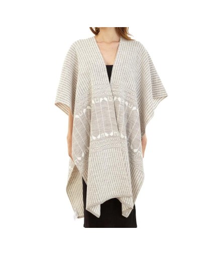 OMA778U09 Ruana Rayas Étnica Doble Faz Color Beige Marfil Talla Unica