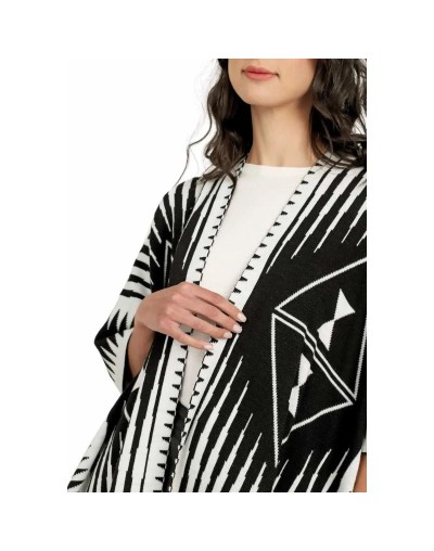 OMA566U01 Ruana Larga Étnica 2 Colores Doble Faz Color Negro Marfil Talla Unica