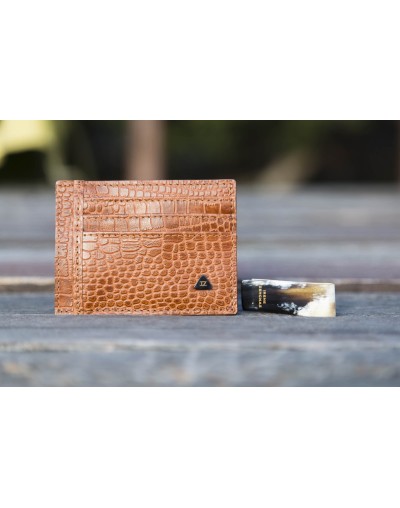 Billetera portatarjetas de hombre Lorenzo en piel color cognac y pinza para billetes 