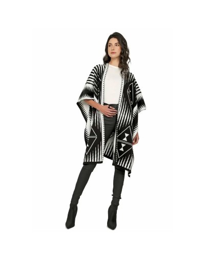 OMA566U01 Ruana Larga Étnica 2 Colores Doble Faz Color Negro Marfil Talla Unica