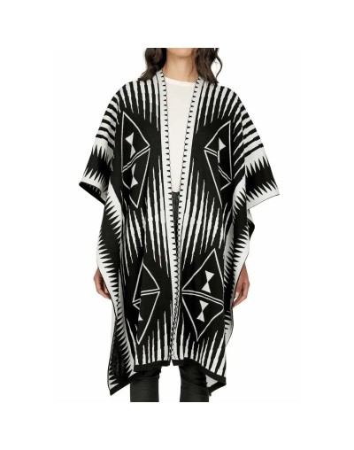 OMA566U01 Ruana Larga Étnica 2 Colores Doble Faz Color Negro Marfil Talla Unica