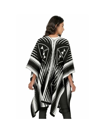 OMA566U01 Ruana Larga Étnica 2 Colores Doble Faz Color Negro Marfil Talla Unica