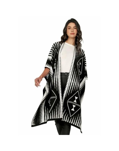 OMA566U01 Ruana Larga Étnica 2 Colores Doble Faz Color Negro Marfil Talla Unica