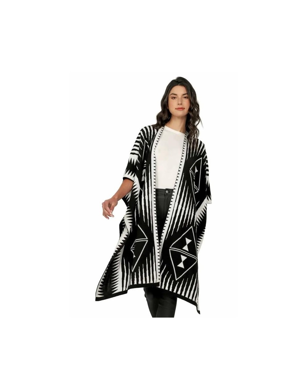 OMA566U01 Ruana Larga Étnica 2 Colores Doble Faz Color Negro Marfil Talla Unica
